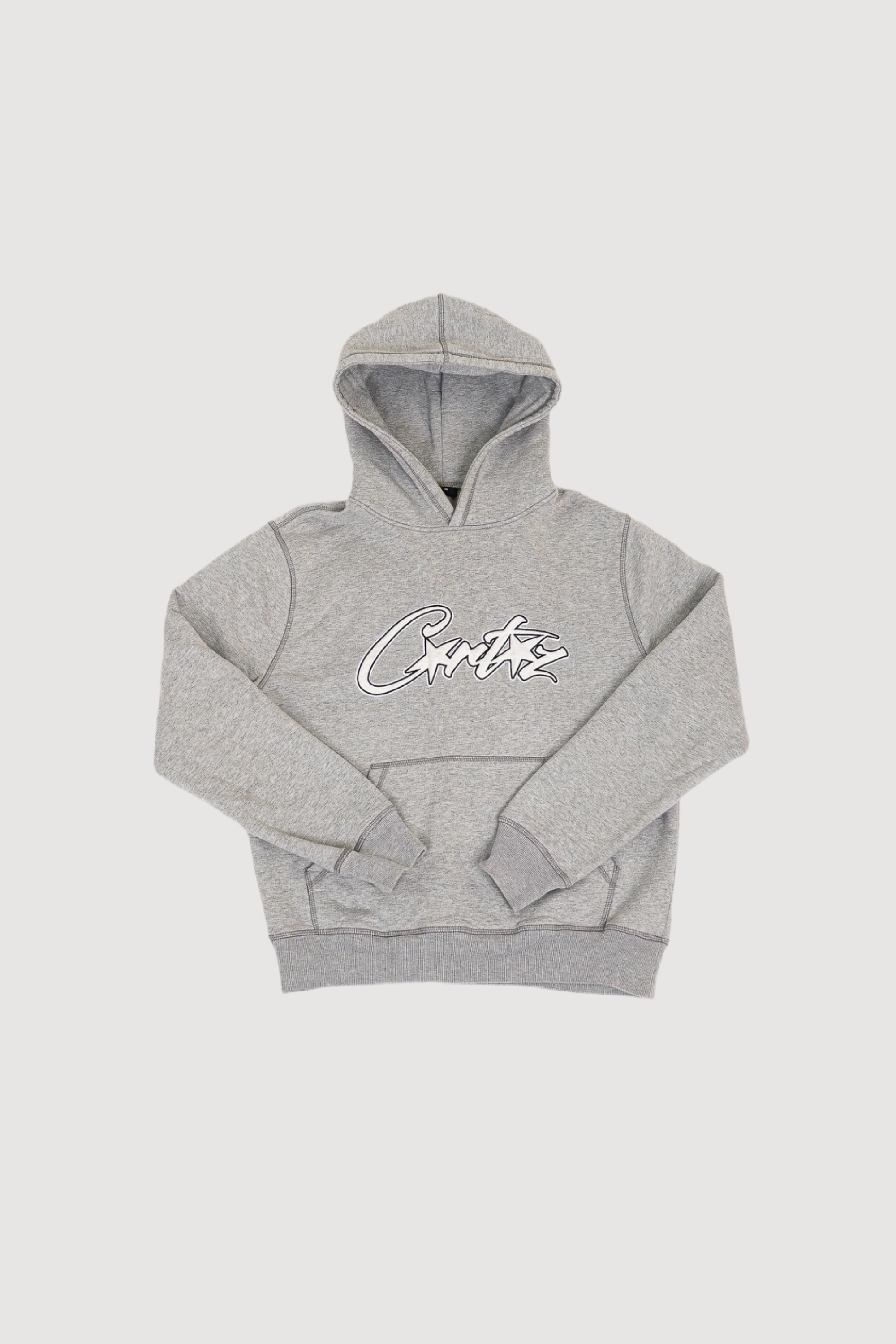 Corteiz Satin Allstarz Applique Hoodie Grey worn by Sandy Corteiz Satin Allstarz Applique Hoodie Grey worn by Sandy