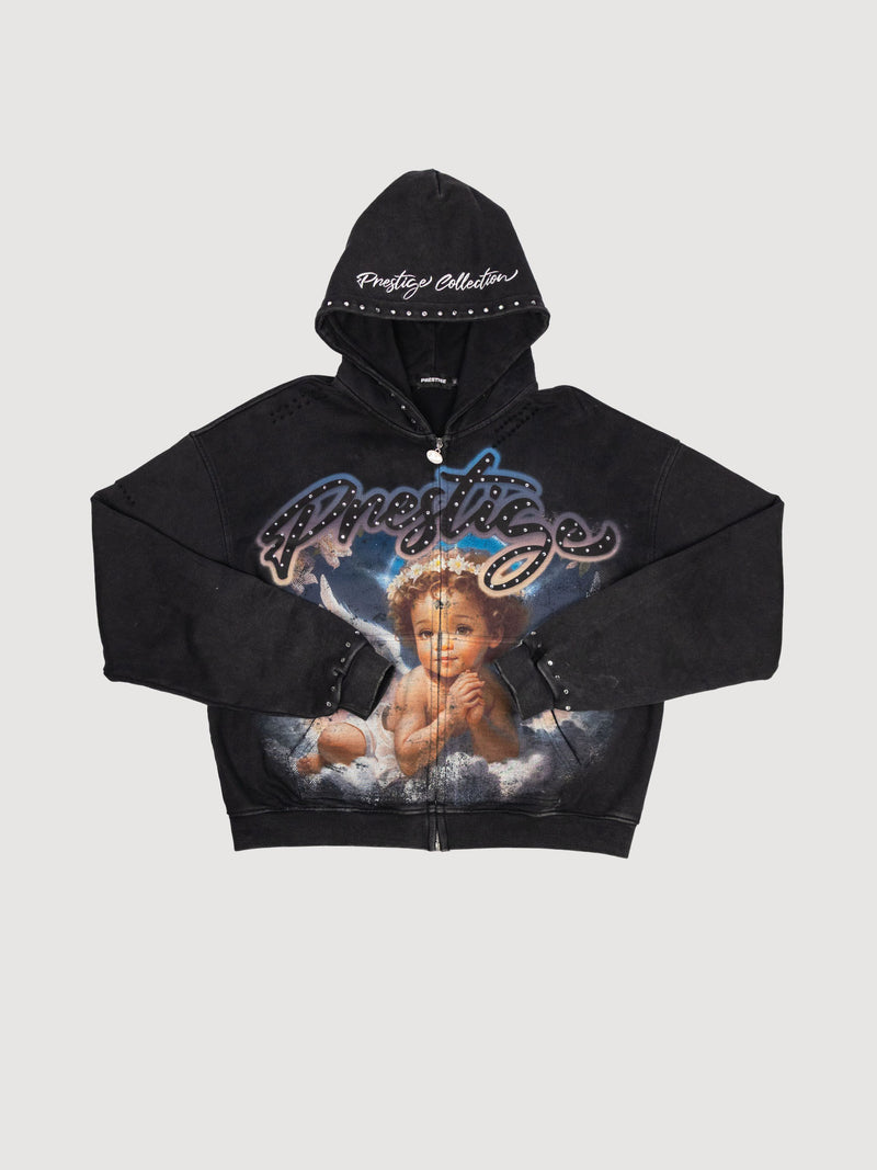 Angel graphic studded zip-up hoodie