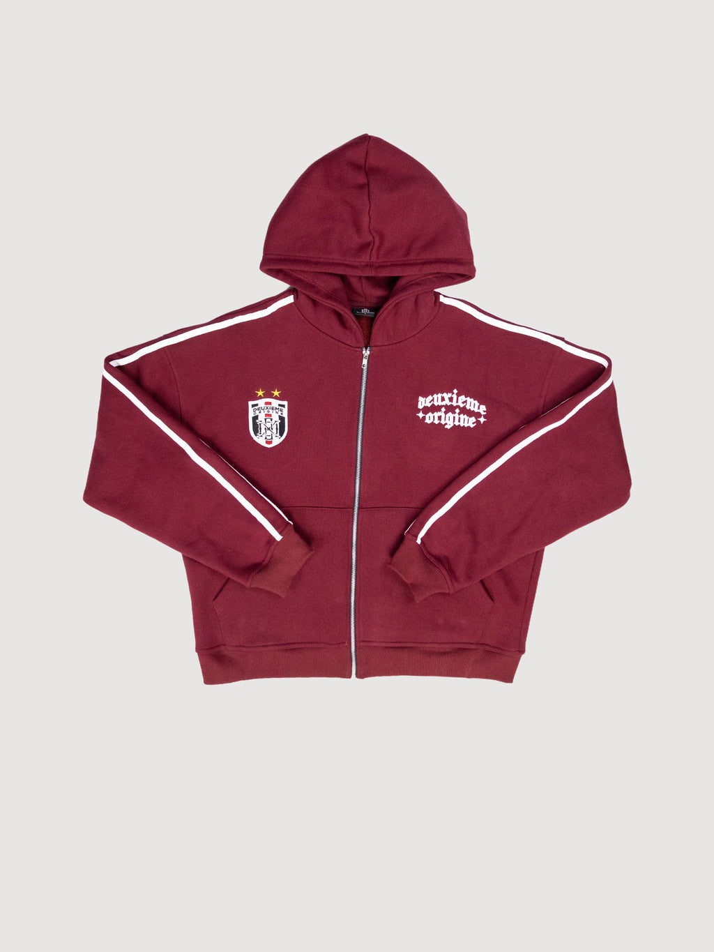 Deuxieme Origine burgundy zip-up fleece hoodie