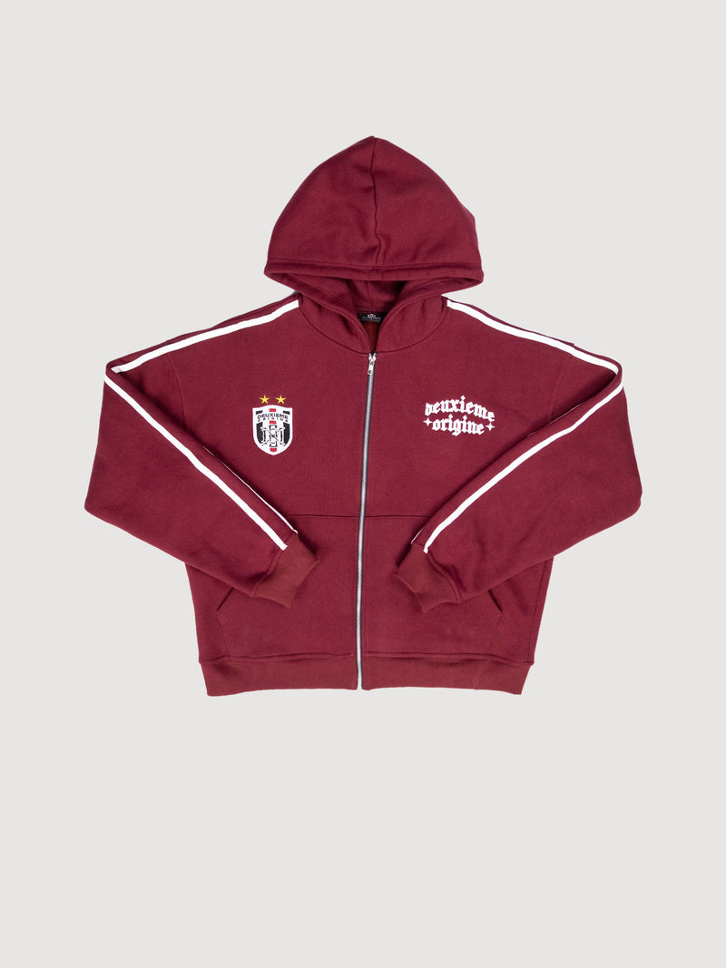 Deuxieme Origine burgundy zip-up fleece hoodie