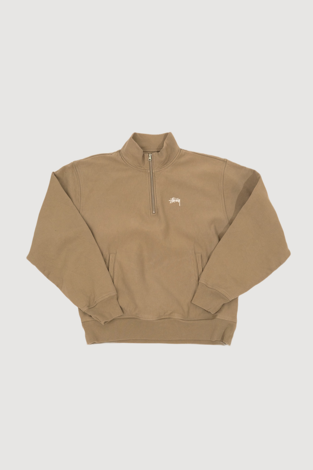 Stüssy Stock Logo Mock Zip Sweatshirt in khaki