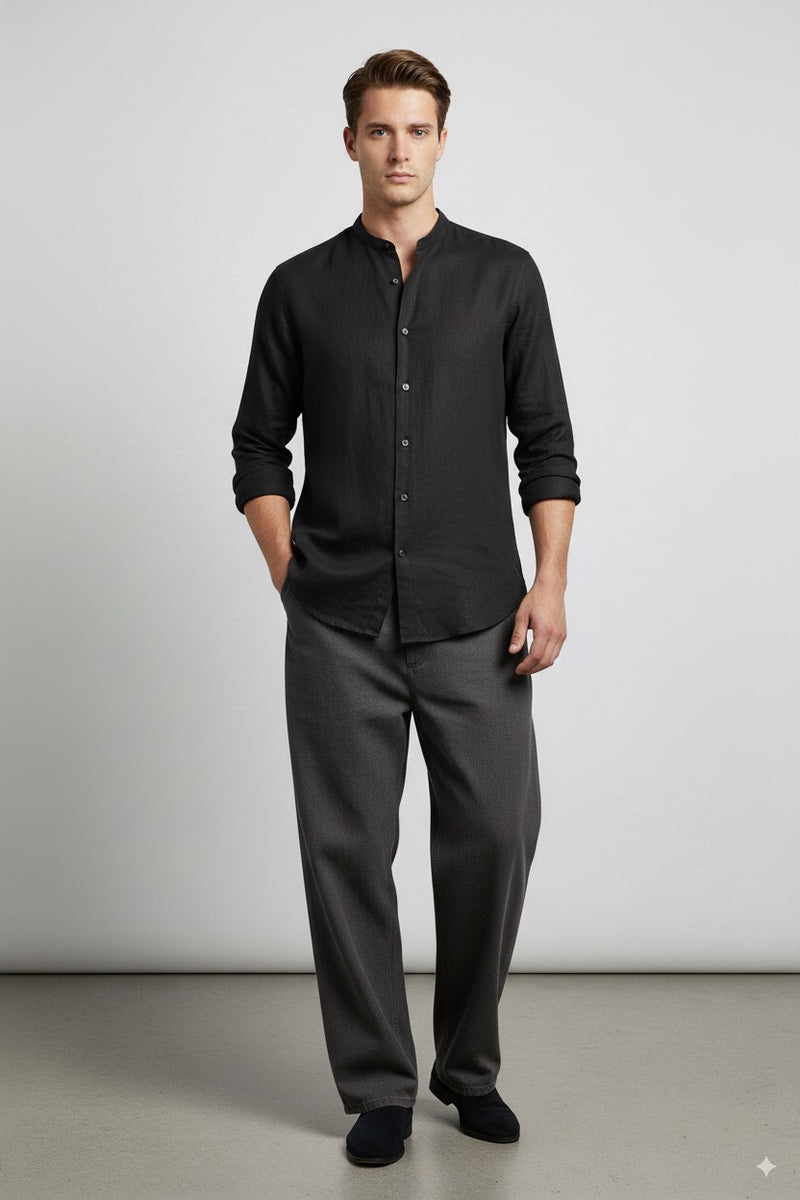 Black Long FIt Linnen Shirt