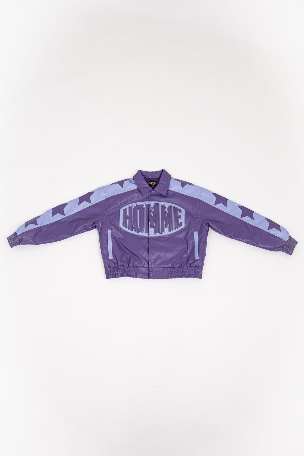 Purple Boxy Homme Pu Badge Collared Varsity Jacket