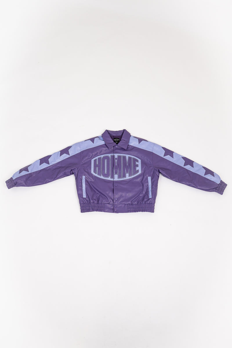 Purple Boxy Homme Pu Badge Collared Varsity Jacket