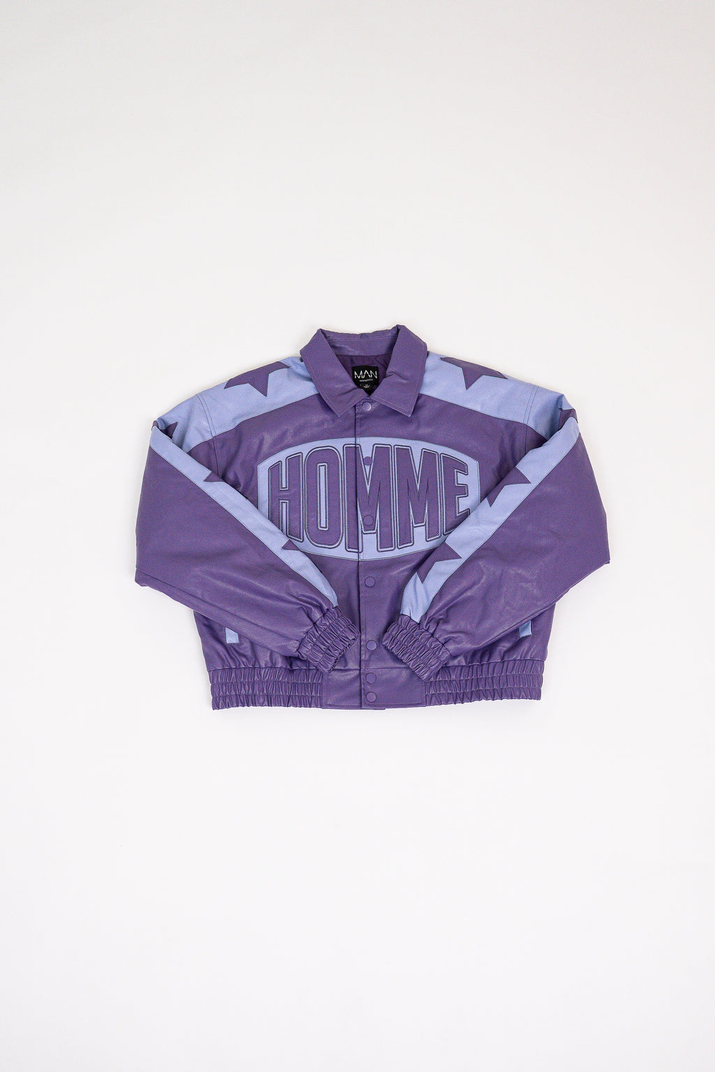 Purple Boxy Homme Pu Badge Collared Varsity Jacket