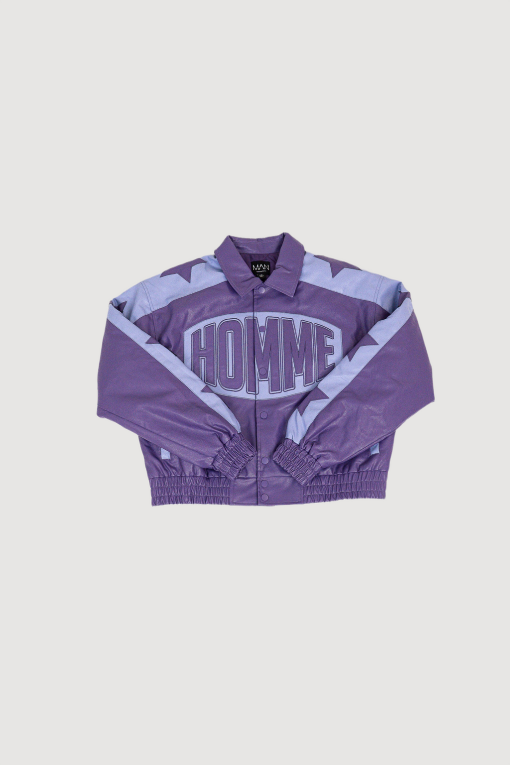 Purple Boxy Homme Pu Badge Collared Varsity Jacket