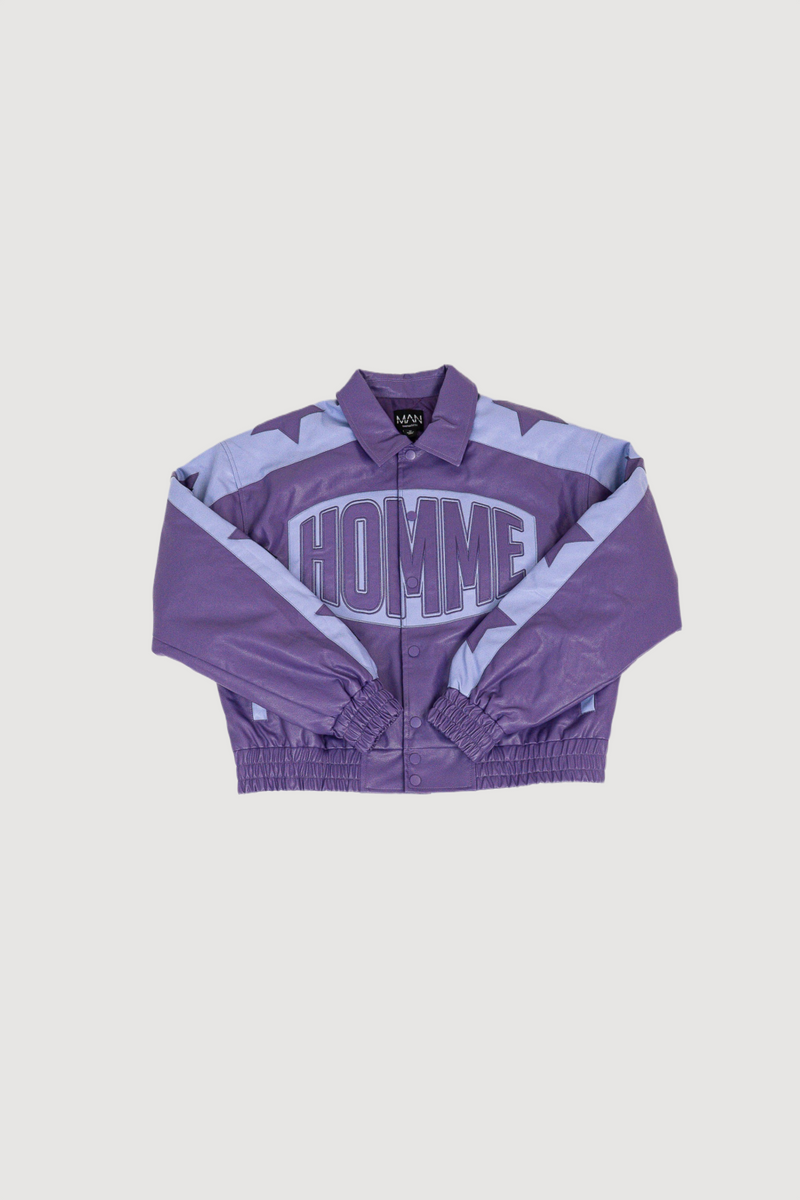 Purple Boxy Homme Pu Badge Collared Varsity Jacket