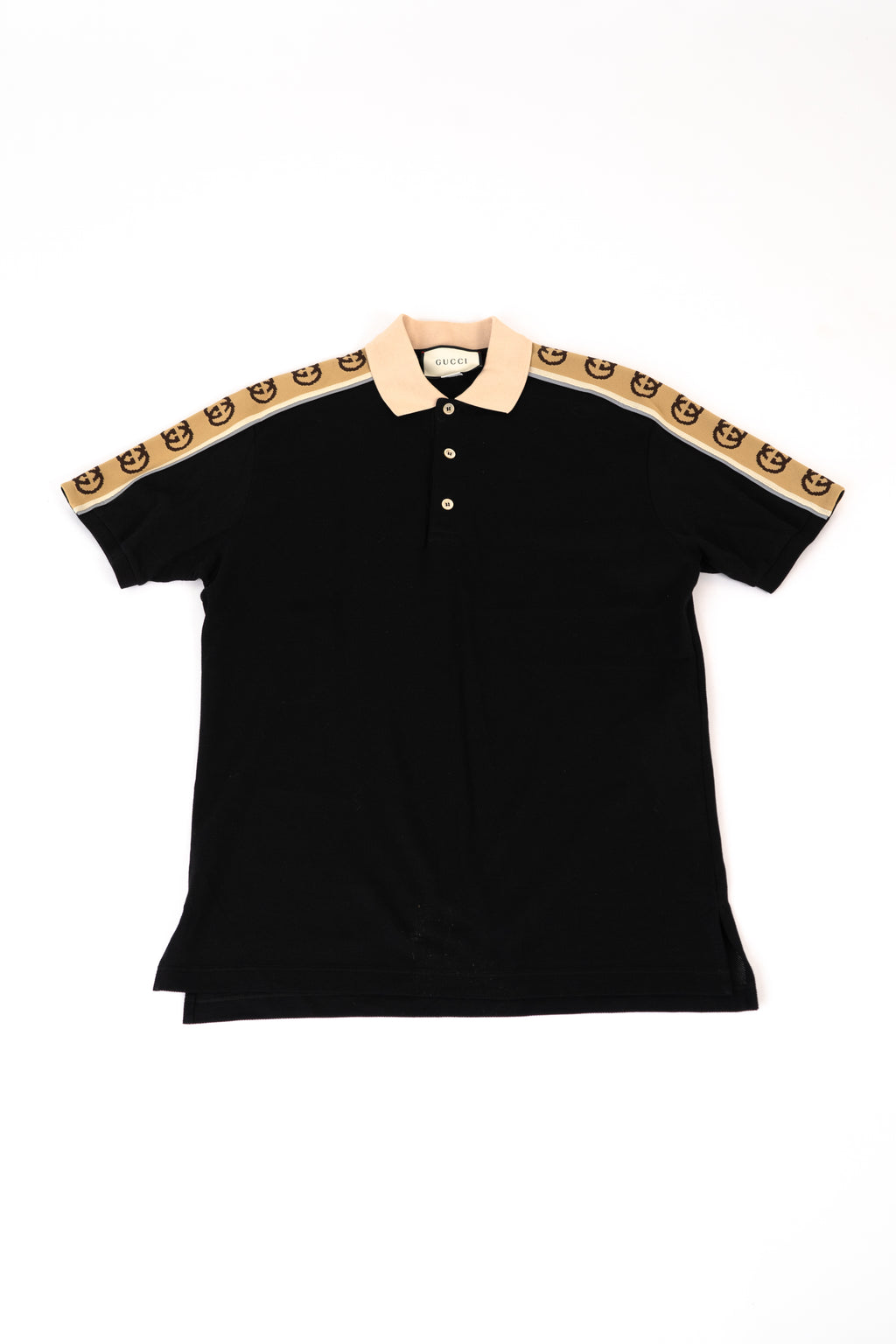 Gucci Polo With Interlocking G Stripe Black Stretch Cotton Piquet With Beige Collar