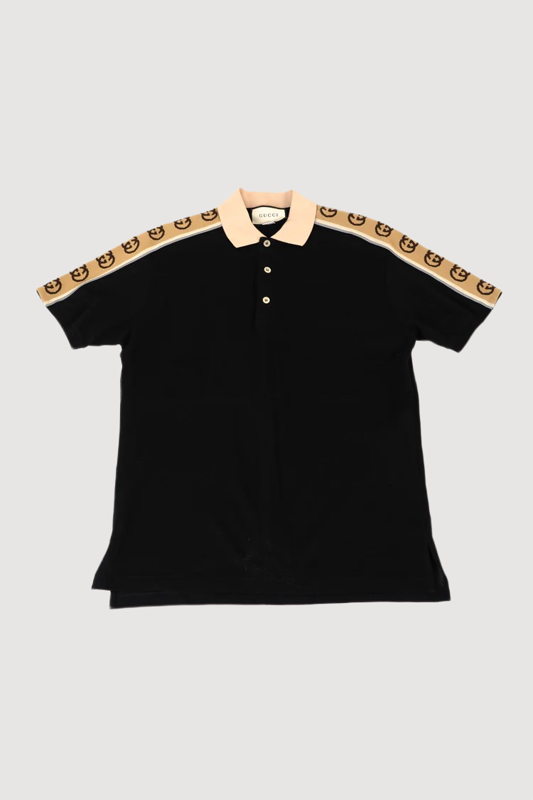 Gucci Polo With Interlocking G Stripe Black Stretch Cotton Piquet With Beige Collar
