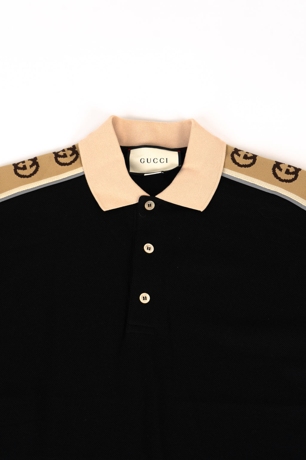 Gucci Polo With Interlocking G Stripe Black Stretch Cotton Piquet With Beige Collar