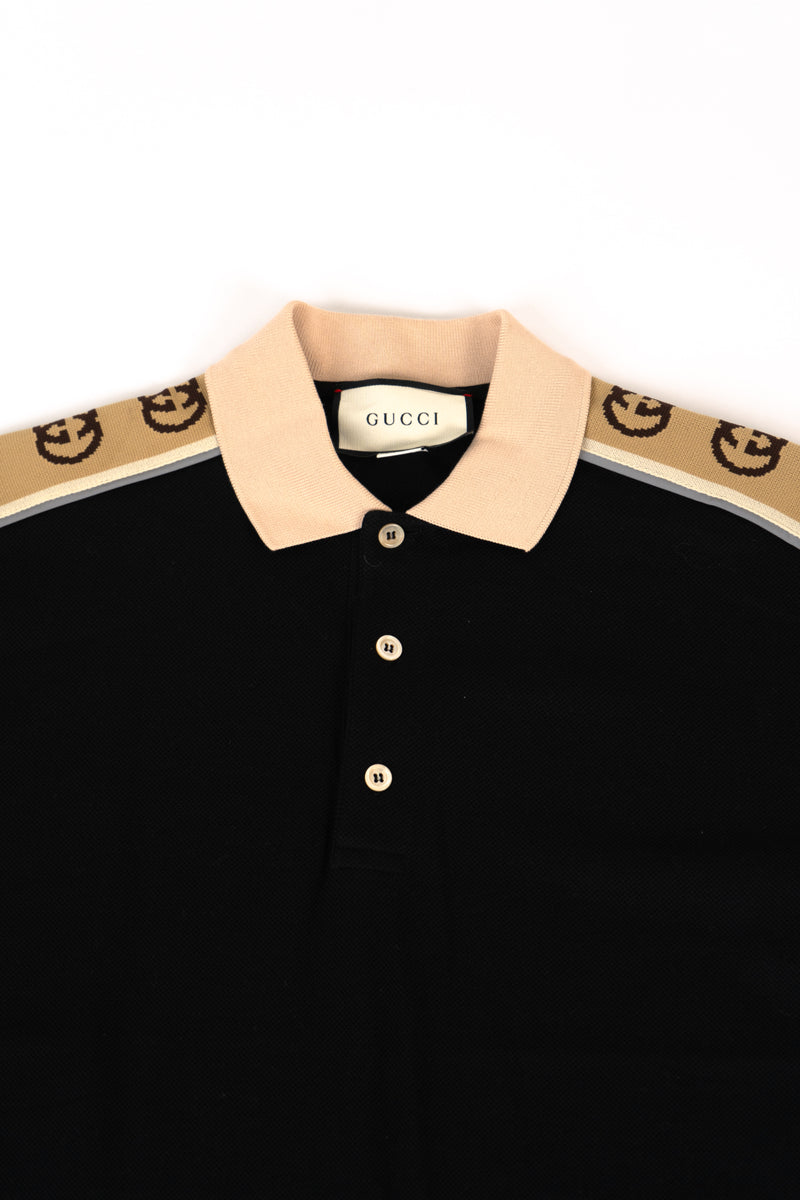 Gucci Polo With Interlocking G Stripe Black Stretch Cotton Piquet With Beige Collar