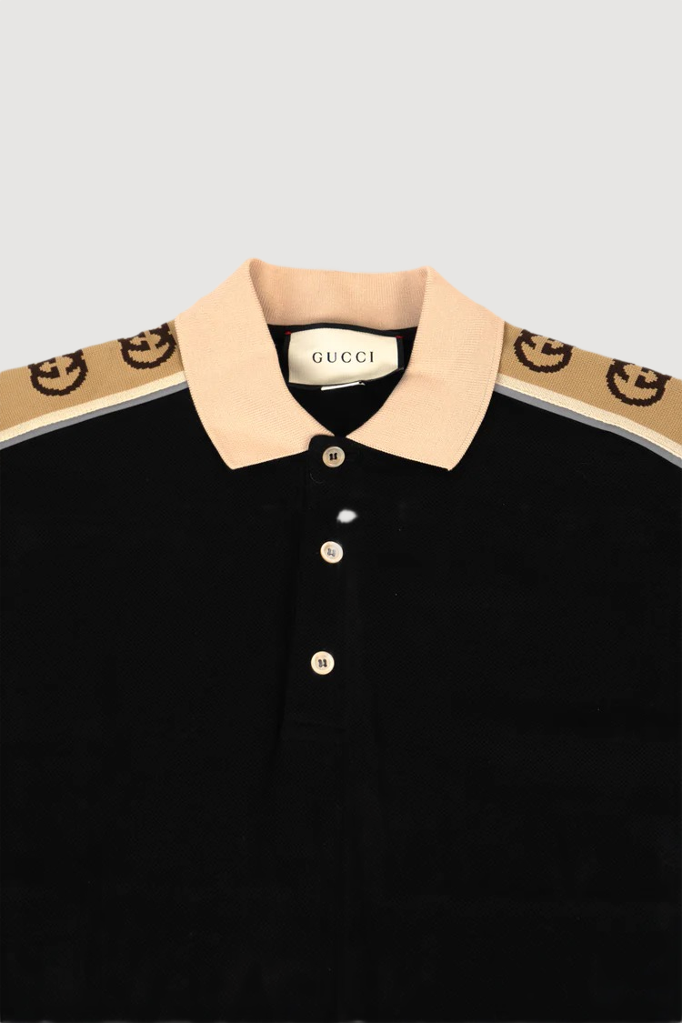 Gucci Polo With Interlocking G Stripe Black Stretch Cotton Piquet With Beige Collar
