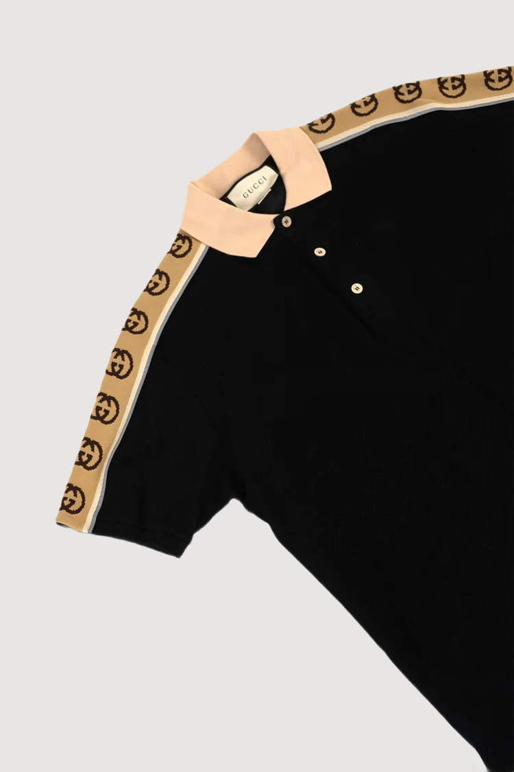 Gucci Polo With Interlocking G Stripe Black Stretch Cotton Piquet With Beige Collar