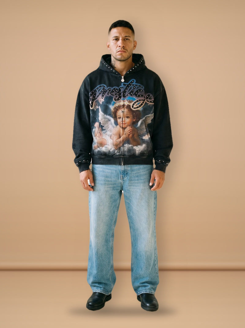 Angel graphic studded zip-up hoodie