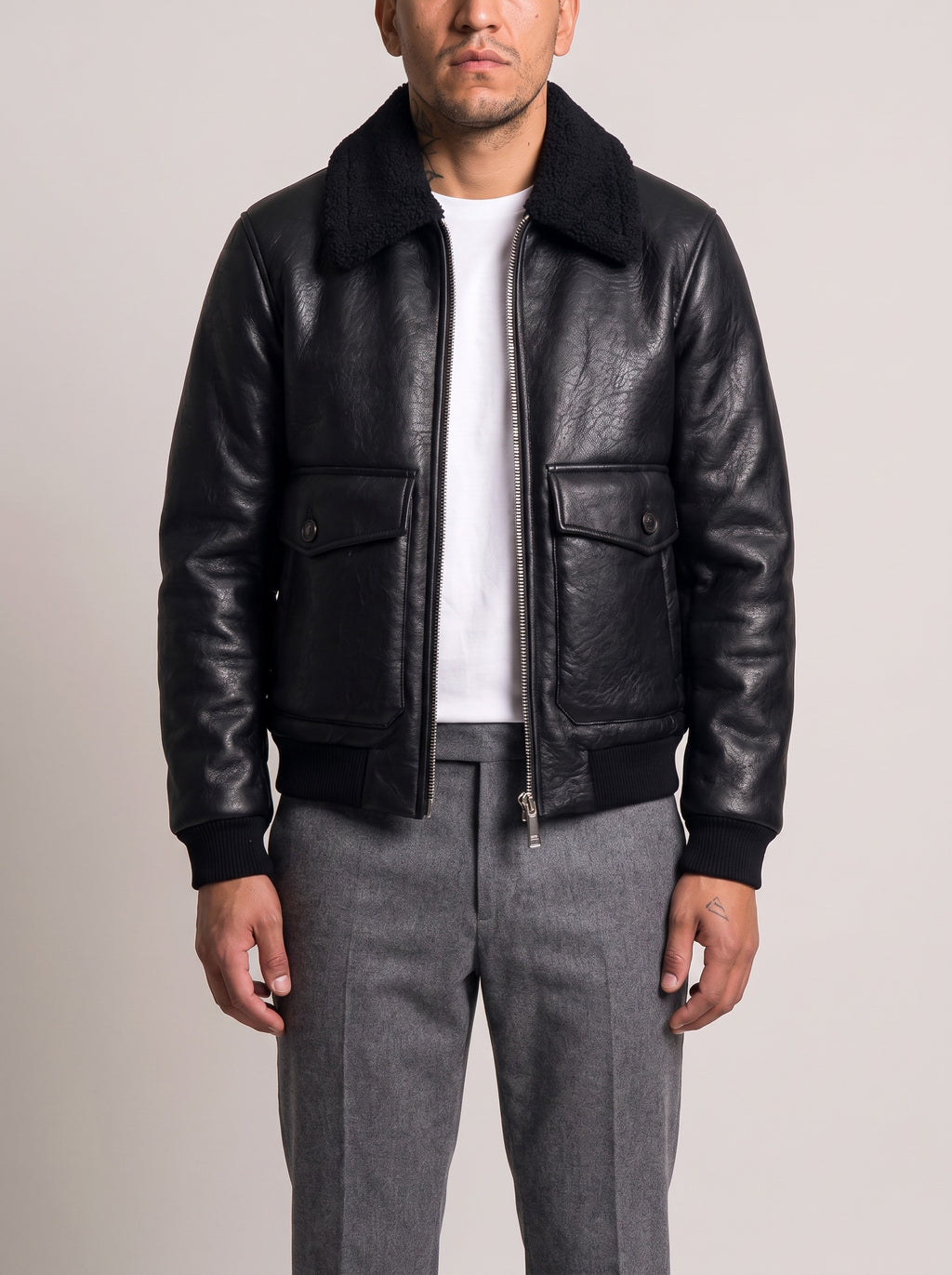 Dsquared2 Faux Leather Aviator Jacket Black on model, front
