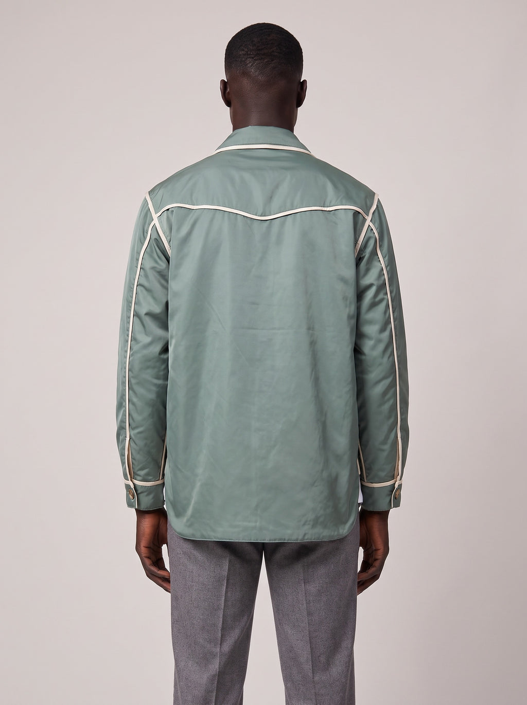 Pronounce Satin Coat Green on model, back