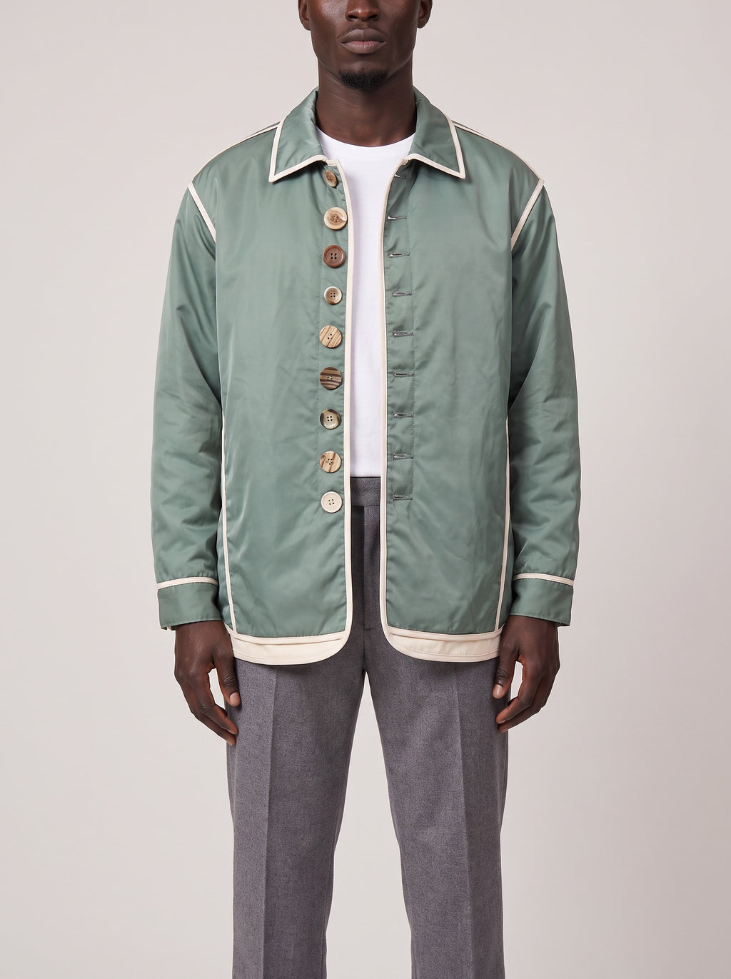 Pronounce Satin Coat Green on model, front