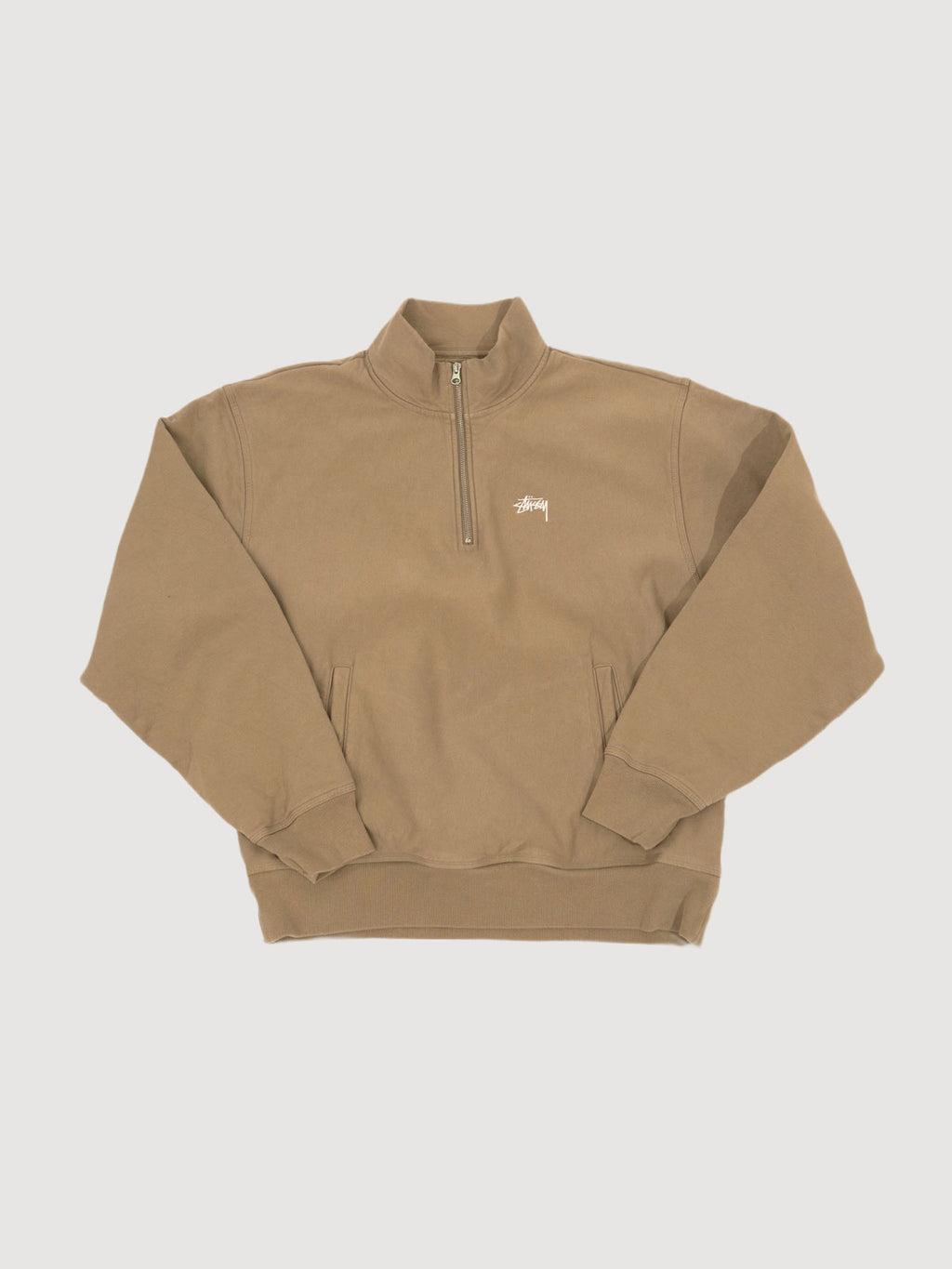 Stüssy Stock Logo Mock Zip Sweatshirt in khaki
