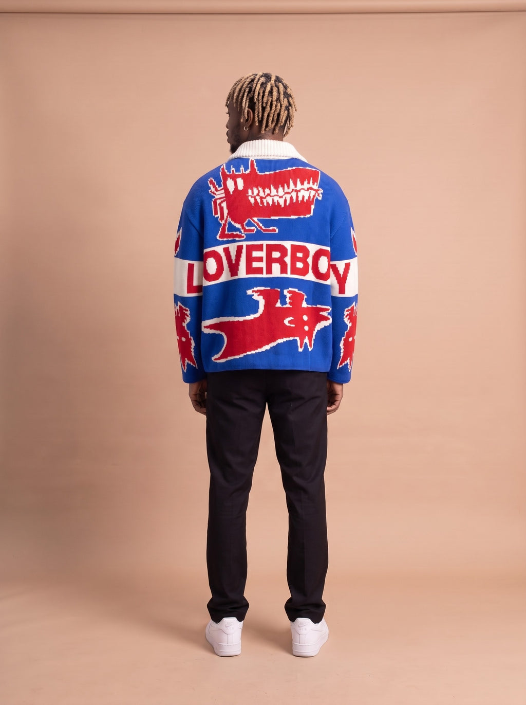 Charles Jeffrey Loverboy knitted puffer Jacket model achterkant