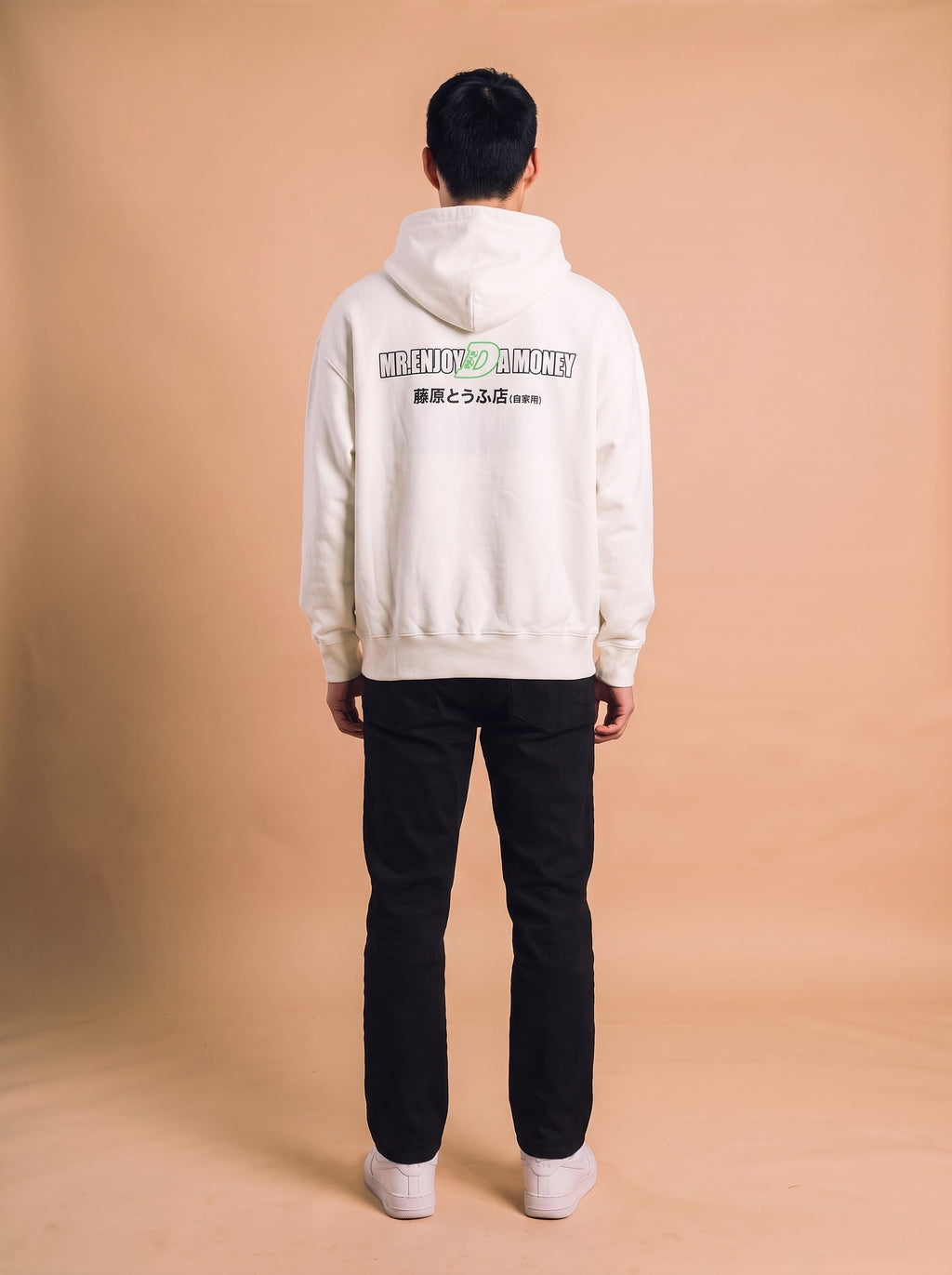 MEDM logo print hoodie white model achterkant